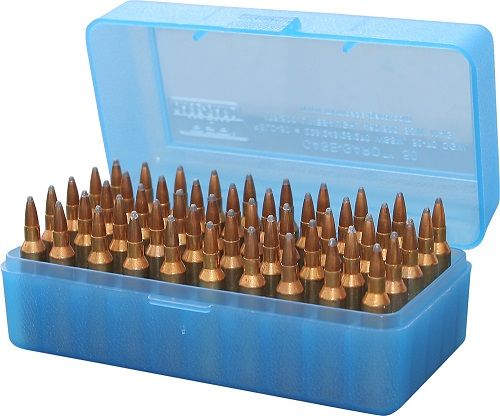 MTM Flip-Top Ammo Box 223 WSSM, 243 WSSM, 500 S&W Magnum 50-Round Plastic  Clear Blue 